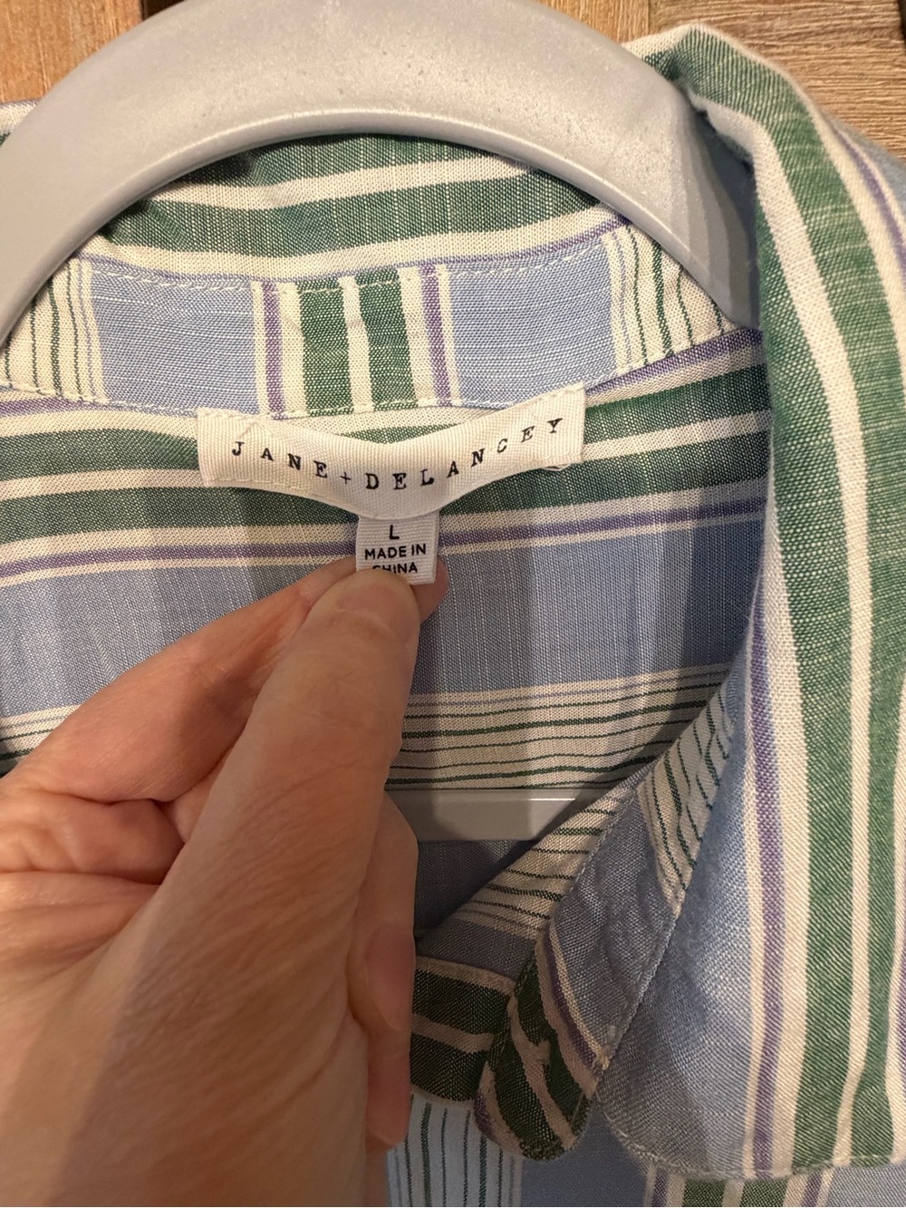 Jane and Delancey Blue, Green & white Striped Button-Down Shirt - Picture 3 of 5